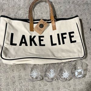 Lake Life Canvas Tote and 4 Boar Safe stemless “glasses”